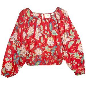 ANTHROPOLOGIE MAEVE LAKEHOUSE RED FLORAL BOHO BLOUSE TOP FLIRTY GARDEN GIRL SML